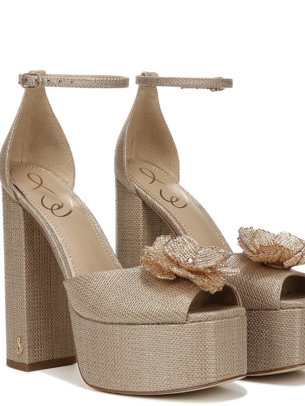 Sam Edelman Gold Platform Peep-Toe Ankle-Strap Heels with Floral Applique